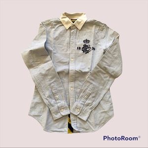 Rugby by Ralph Lauren Polo. Embroidered women’s blue stripe button down shirts